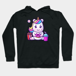 Cute Unicorn Eating Donut With French Fries And Soda Cartoon Hoodie